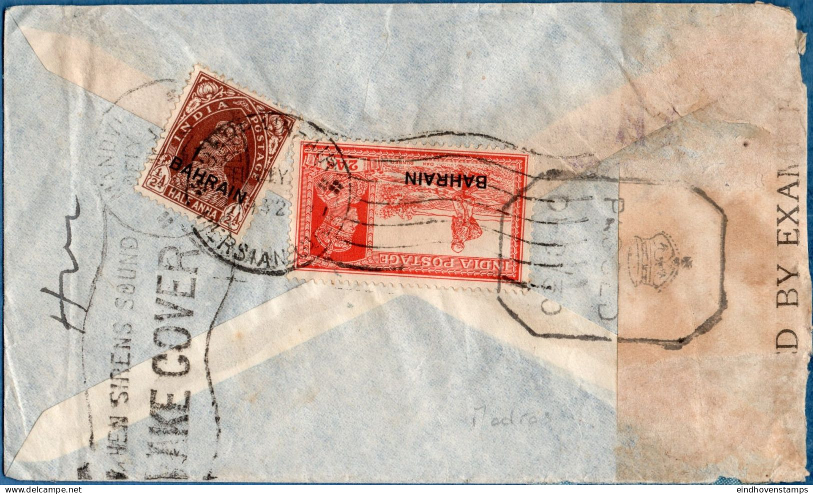 Bahrain 1942 Censored Airmail Cover Franked George VI ½ + 2 A - Bahrain (...-1965)