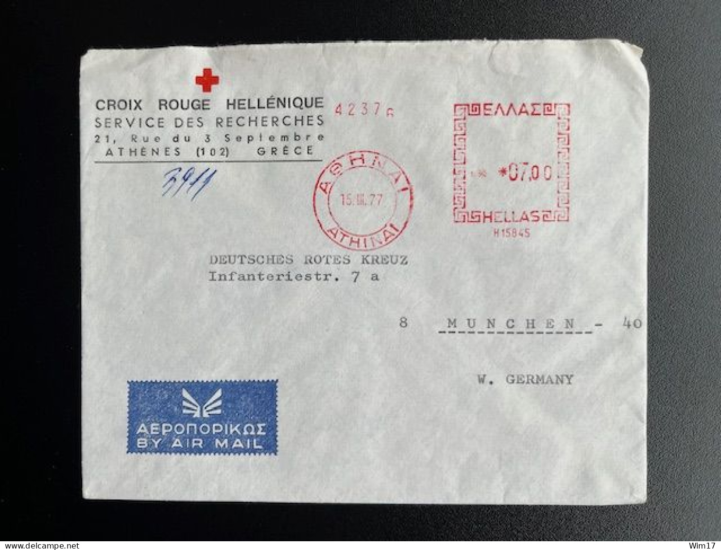 GREECE 1977 LETTER ATHENS TO MUNICH 15-03-1977 GRIEKENLAND RED CROSS - Lettres & Documents