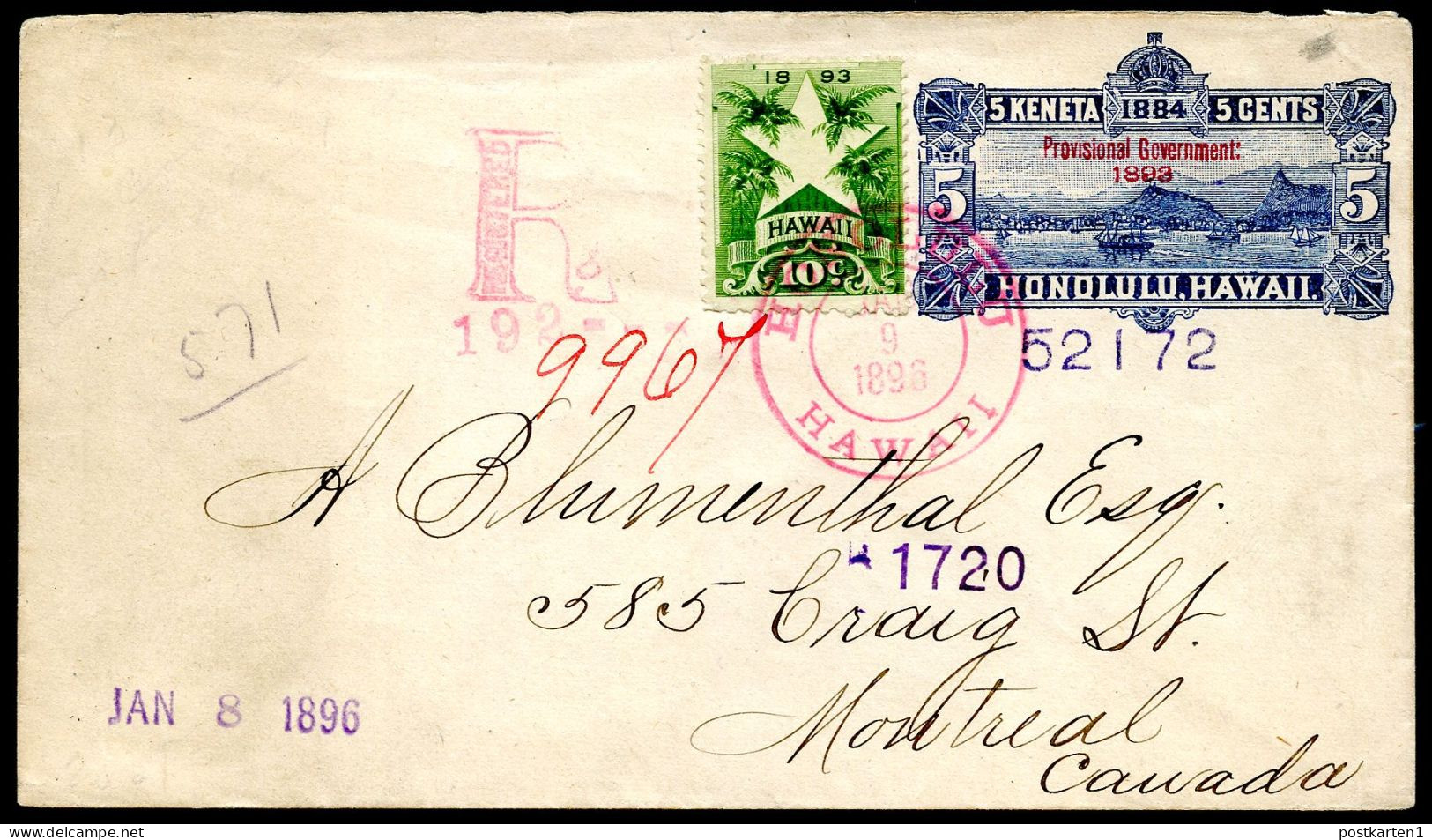 Hawaii PSE U12 Used REGISTERED Honolulu - Montreal Canada 1896 - Hawaii