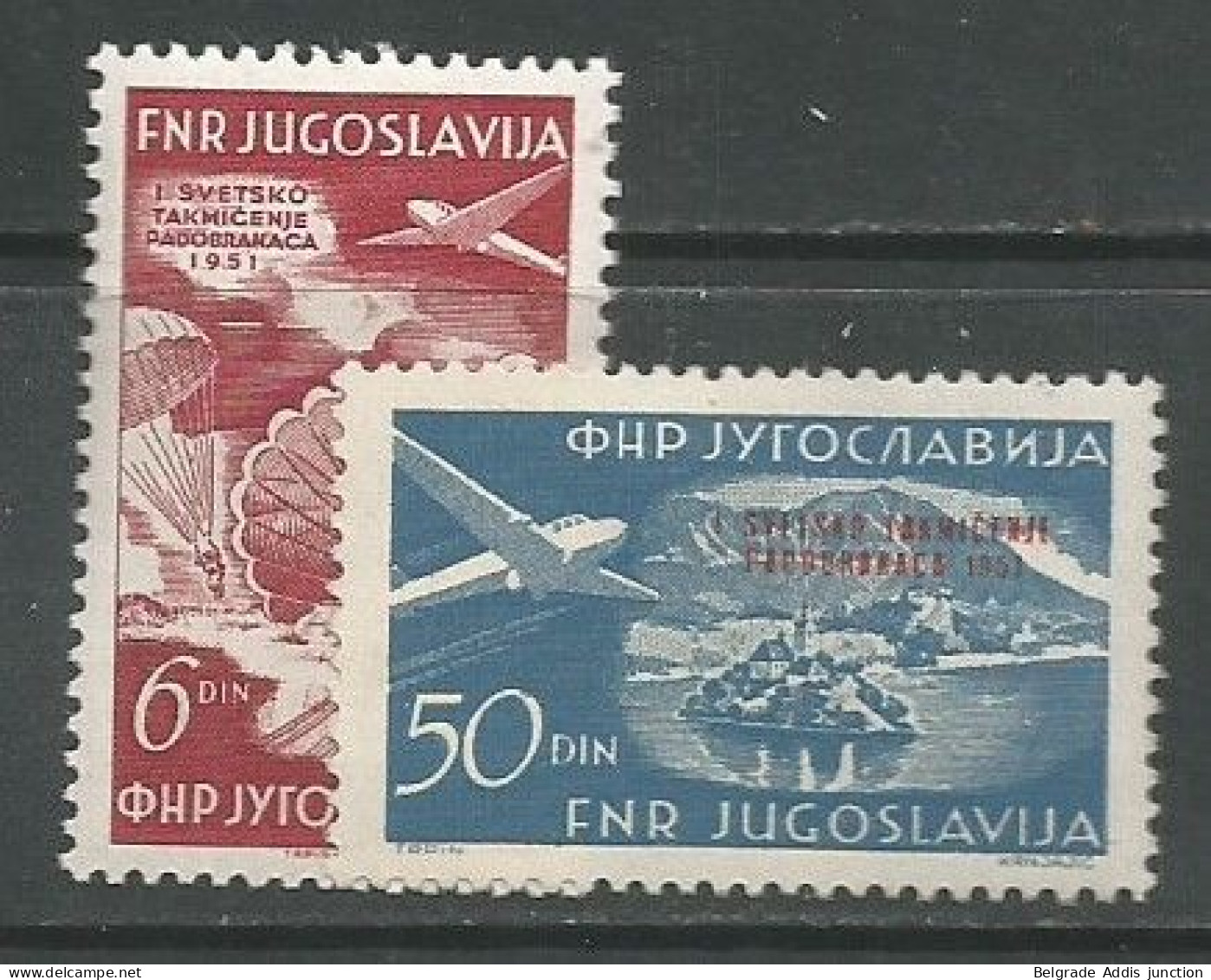 Yugoslavia Jugoslawien Airmail Mi.666/67 Complete Set Mint MH / * 1951 Michel CV: 80,00€ Planes Skydiving - Posta Aerea