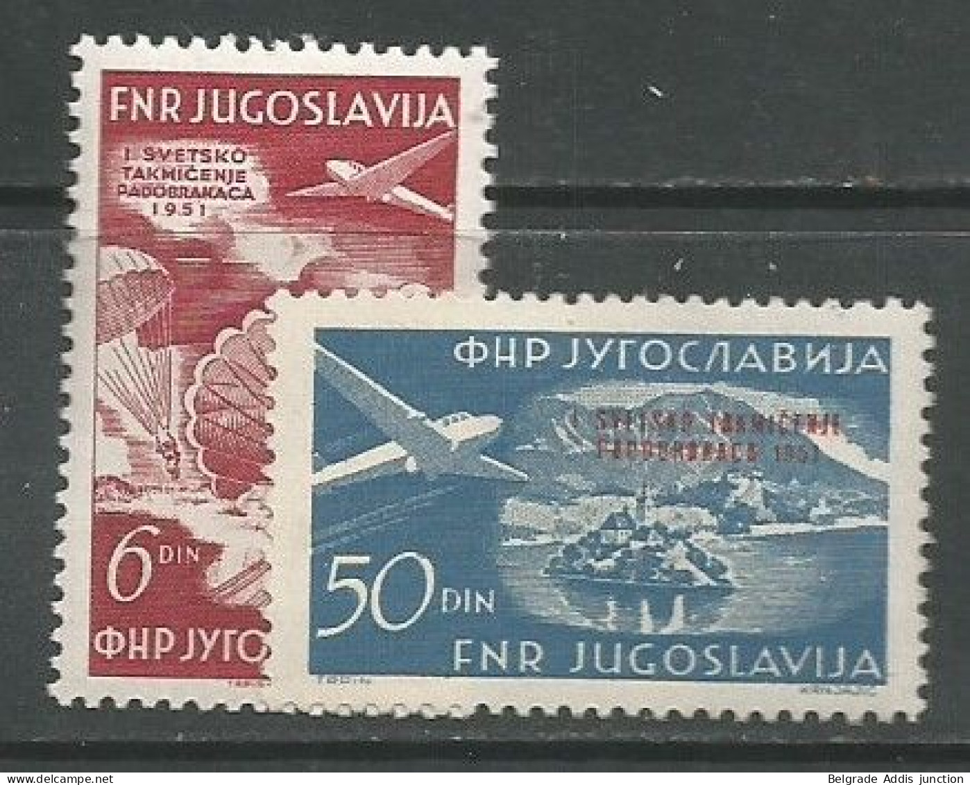 Yugoslavia Jugoslawien Airmail Mi.666/67 Complete Set Mint MH / * 1951 Michel CV: 80,00€ Planes Skydiving - Poste Aérienne