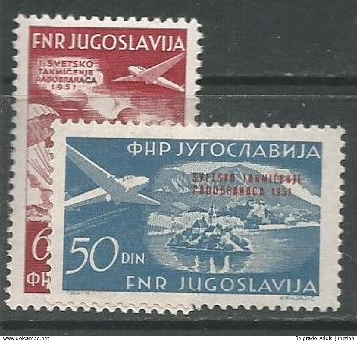 Yugoslavia Jugoslawien Airmail Mi.666/67 Complete Set Mint MH / * 1951 Michel CV: 80,00€ Planes Skydiving - Luchtpost