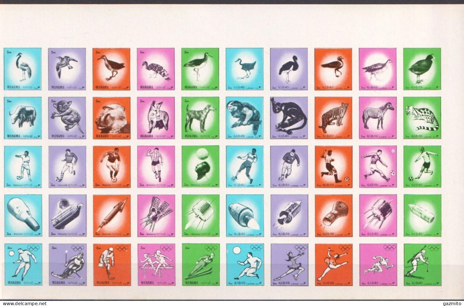 Ajman 1972, Birds, Monkey, Dogs, Football, Space, 50val In Block IMPERFORATED - Affen