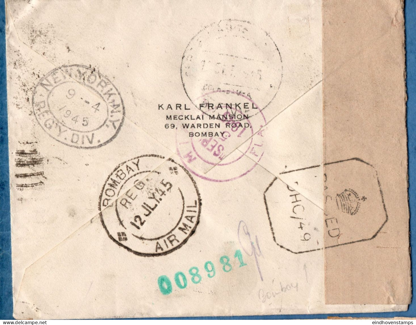 Bombay To Bolivia 1945 Censored Airmail Cover Franked George VI ½, 4, 8, 12 & 14 A 14 A Planel By New York & Miami - 1936-47  George VI