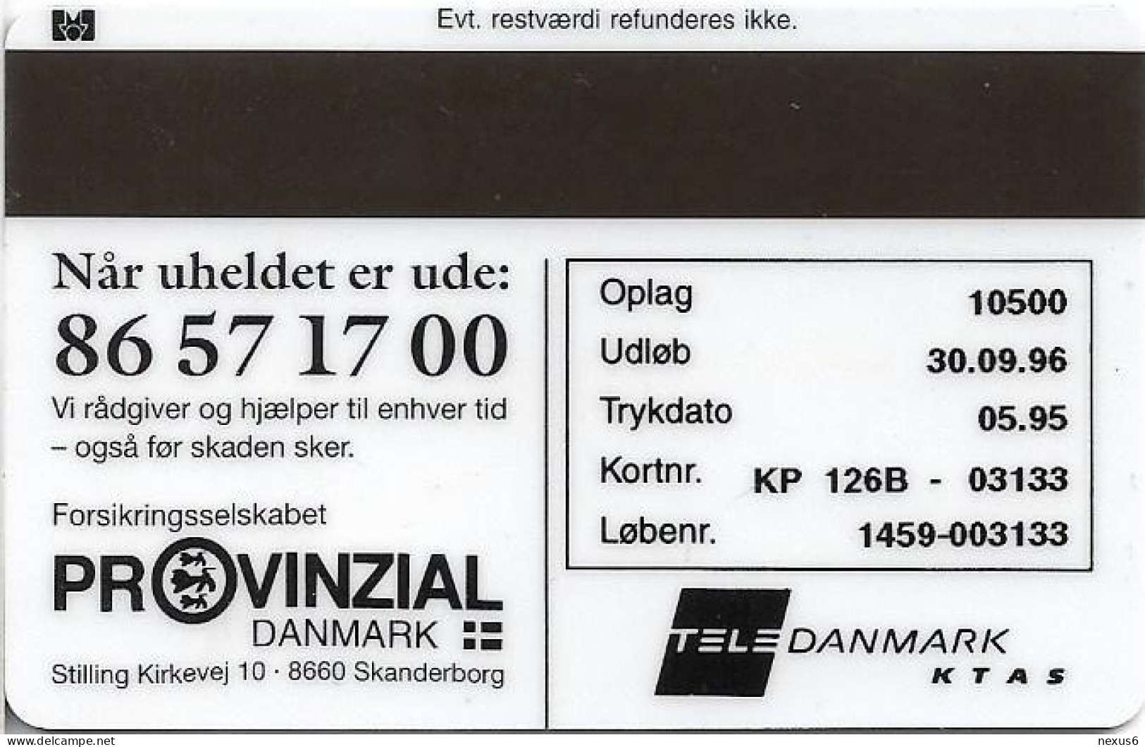 Denmark - KTAS - Kort Til Hjaelp - TDKP126B - 05.1995, 10kr, 10.500ex, Used - Denmark