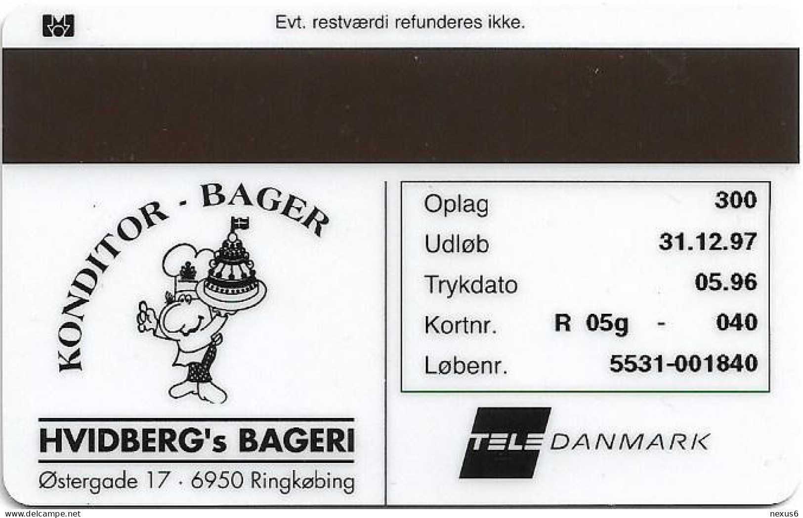 Denmark - Tele Danmark (Magnetic) - Ringkoebing - Hvidberg's Bageri - TDR005G - 05.1996, 300ex, Used - Dänemark