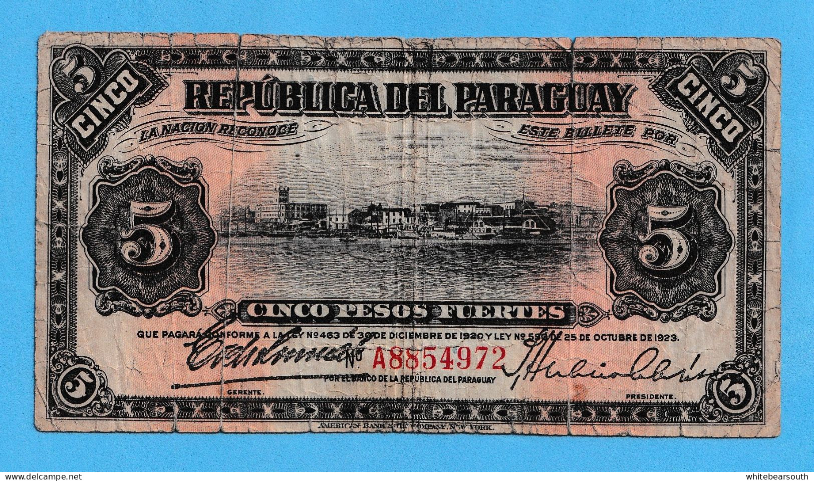 1923 Paraguay 5 Pesos Fuertes - PARAGUAY BANKNOTE BILLETE CIRCULATED SOUTH AMERICA - Other - America