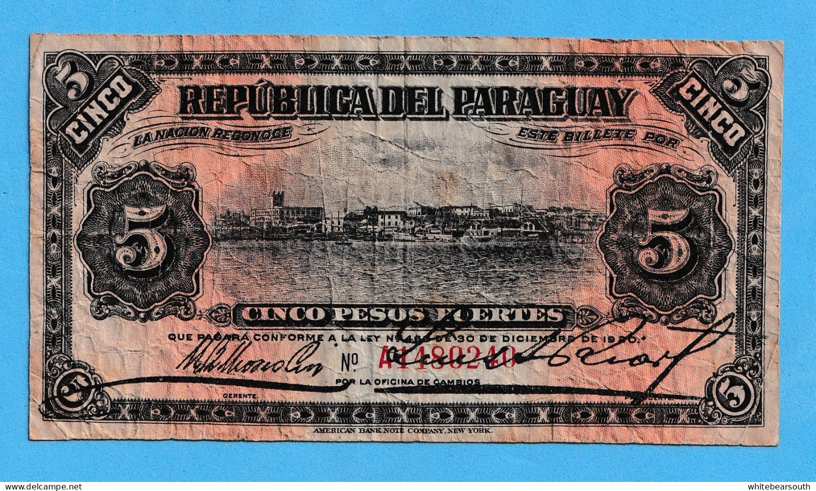 1923 Paraguay 5 Pesos Fuertes - PARAGUAY BANKNOTE BILLETE CIRCULATED SOUTH AMERICA - Sonstige – Amerika