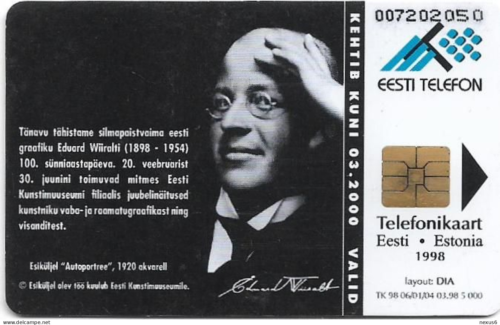 Estonia - Eesti Telefon - Eduard Wiiralt - Self-Portrait, 03.1998, 100Kr, 5.000ex, Used - Estonie