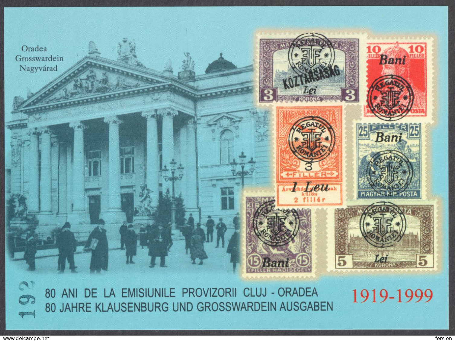 ORADEA Nagyvárad Occupation Overprint WW1 Romania Hungary Transylvania Philatelist Memorial Sheet 1919 1999 - Transsylvanië