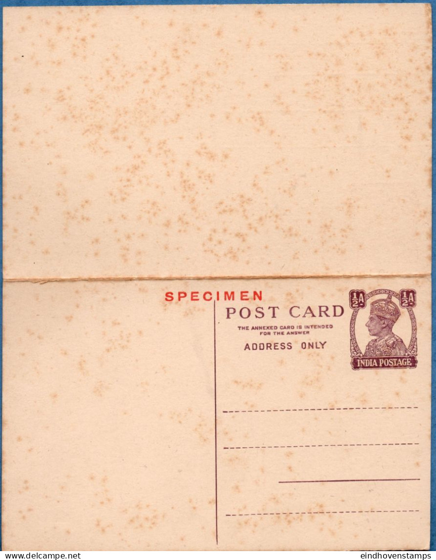 British India Specimen Postcard With Attached Answer George VI  Some Foxing - 1936-47 King George VI