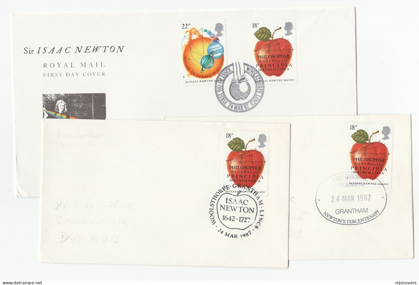 PHYSICS - ISSAC NEWTON APPLE 3 Diff Special Pmk FDCs GB Stamps Physics Fruit Cover Fdc - Fisica