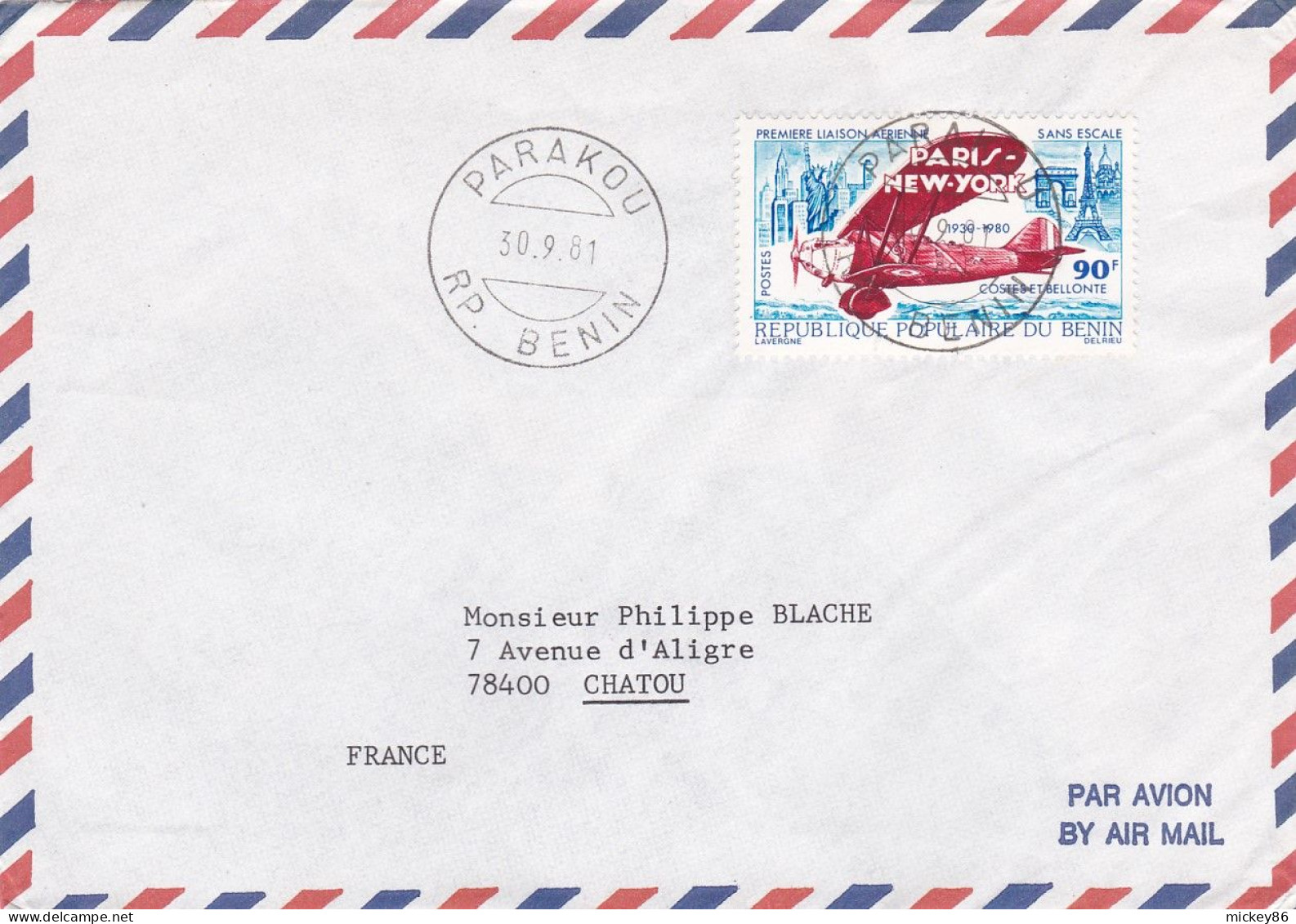 BENIN--1981--Lettre De PARAKOU Pour CHATOU-78 (France),tp 50 Ans 1ère Liaison Paris-New-york(avion) Seul Sur Lettre - Benin - Dahomey (1960-...)
