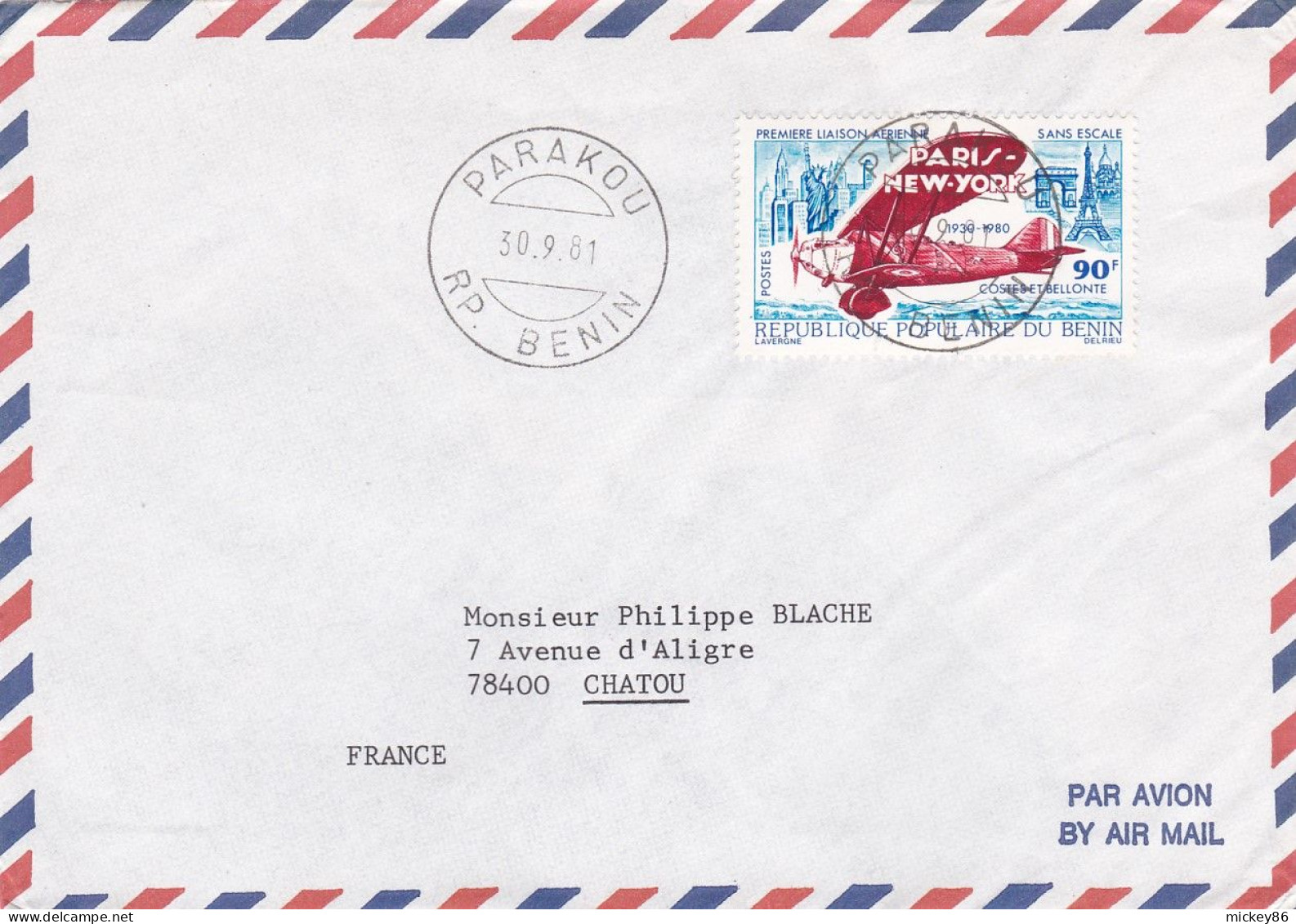 BENIN--1981--Lettre De PARAKOU Pour CHATOU-78 (France),tp 50 Ans 1ère Liaison Paris-New-york(avion) Seul Sur Lettre - Bénin – Dahomey (1960-...)