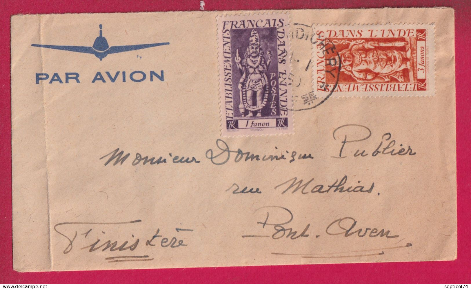 INDE INDIA PONDICHERY 1950 PAR AVION POUR PONT AVEN FINISTERE LETTRE - Storia Postale