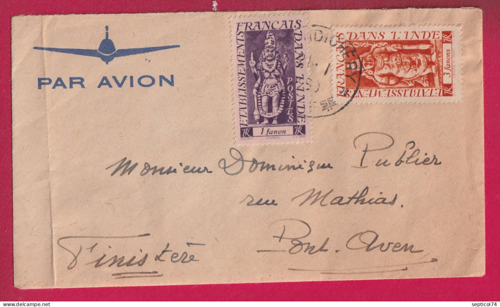 INDE INDIA PONDICHERY 1950 PAR AVION POUR PONT AVEN FINISTERE LETTRE - Covers & Documents