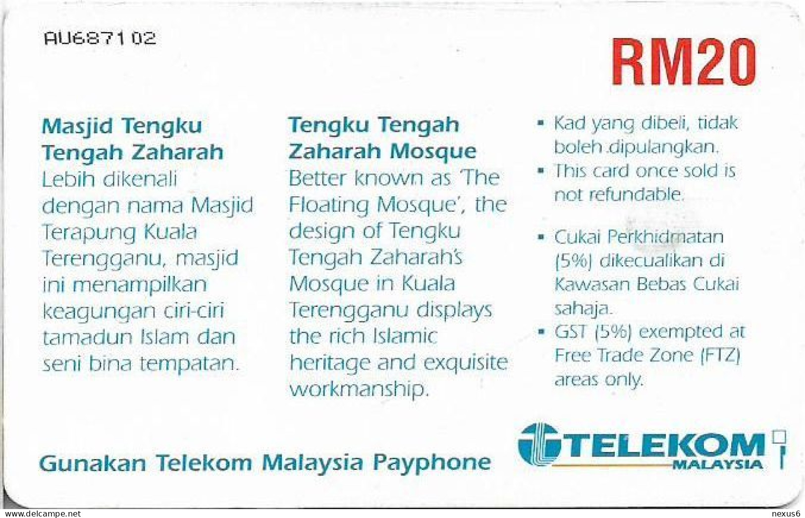 Malaysia - Telekom Malaysia (chip) - Masjid Tengah Zaharah Mosque, Chip Gem1A Symm. Black, 20RM, Used - Malaysia