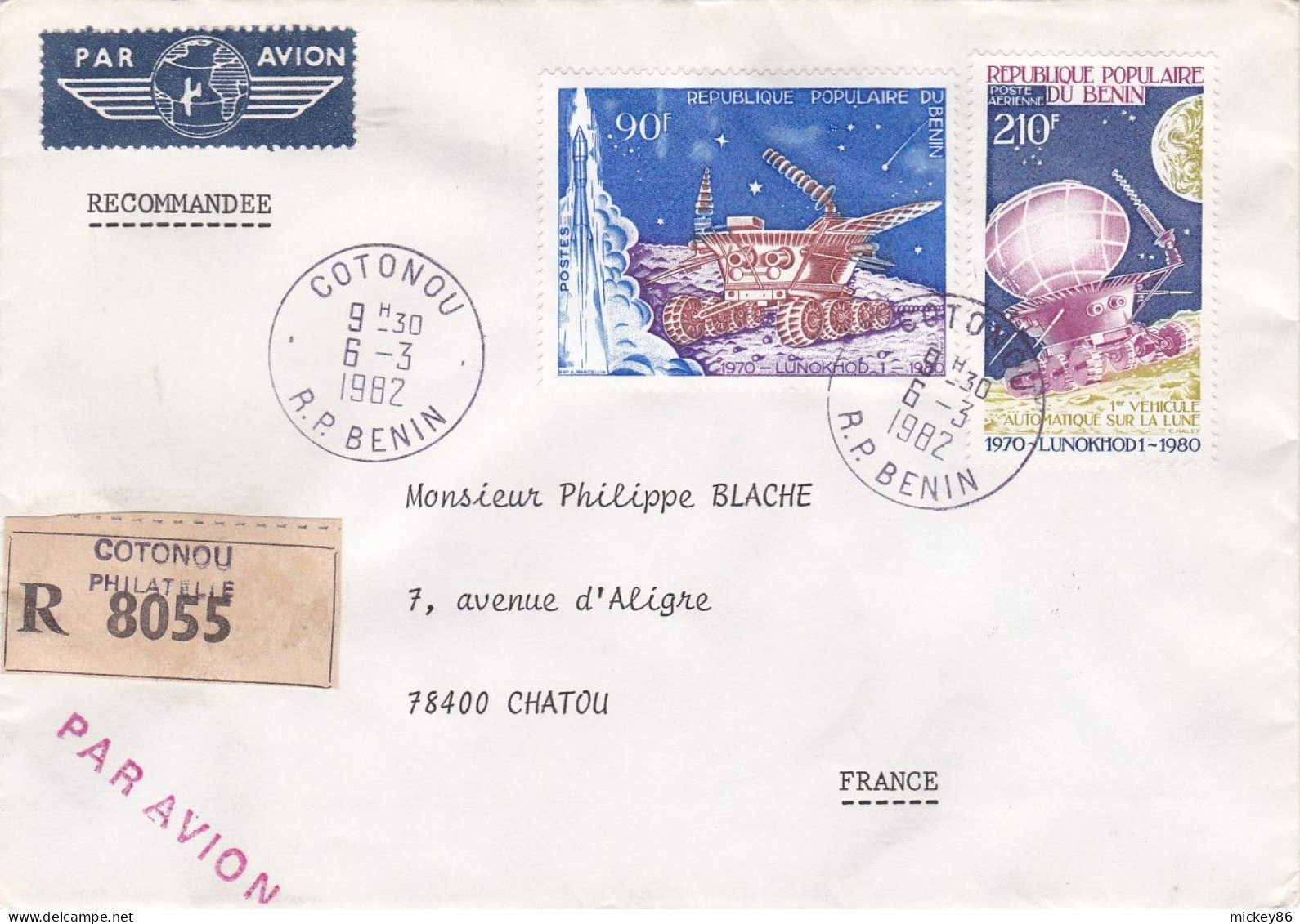 BENIN--1982--Lettre Recommandée De COTONOU Pour CHATOU-78 (France),tp Espace,véhicules Lune Sur Lettre - Benin - Dahomey (1960-...)