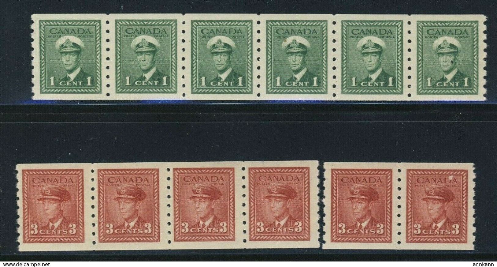 12x Canada WWII Coil MNH Stamps #263-1c Strip-6, #265-3c Pair +Strip 4 GV=$50.00 - Coil Stamps