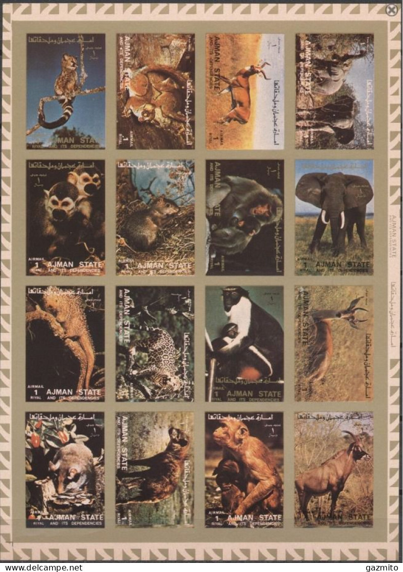 Ajman 1973, Animals, Elephant, Leopard, Monkey, 16val In BF IMPERFORATED - Singes