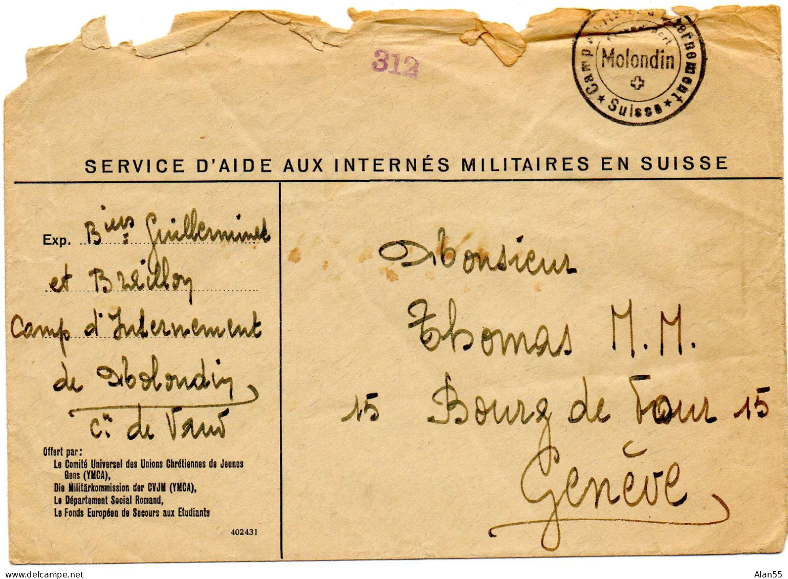 SUISSE. 1940...CAMP MILITAIRE D'INTERNEMENT DE MOLONDIN - Cartas & Documentos