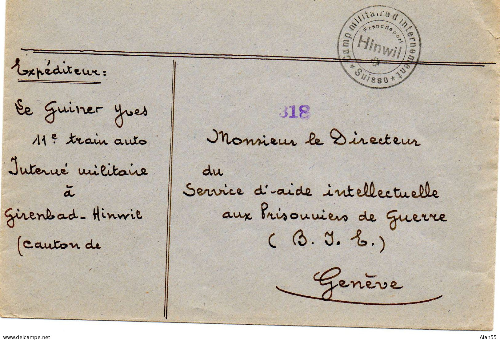 SUISSE. 1940.  FRANC DE PORT. INTERNE MILITAIRE AU CAMP DE HINWIL - Cartas & Documentos