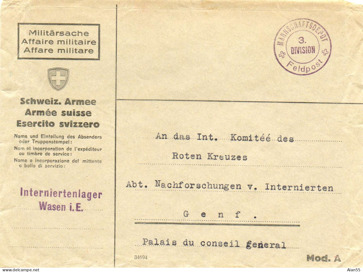 SUISSE. 1940... INTERNIERTENLAGER WASEN. "MANNSCHAFTDEPOT. 3. DIVISION.FELDPOST. - Documents
