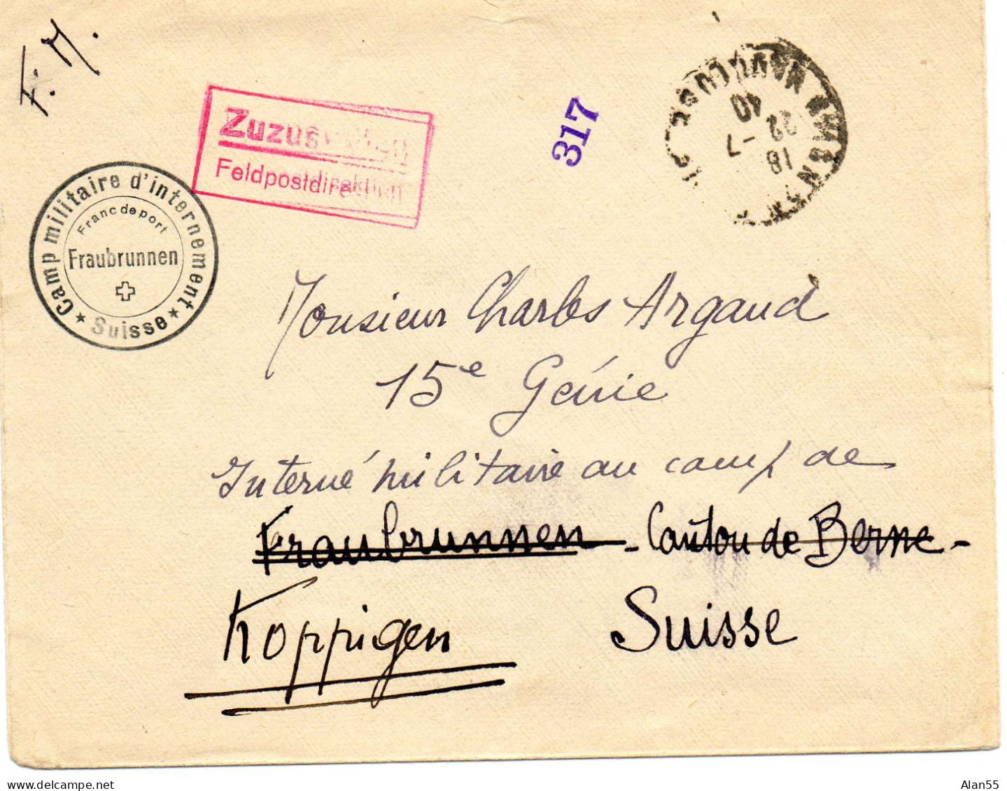 SUISSE. 1940.DE FRANCE AVIGNON (VAUCLUSE) POUR INTERNE AU CAMP MILITAIRE D'INTERNEMENT DE FAUBRUNNEN.CENSURE - Documenten