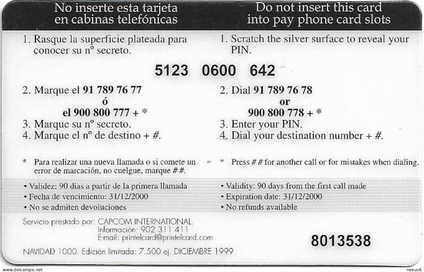 Spain - PrintelCard - Brindemos Juntos Por El Año 2000, 12.1999, Remote Mem. 1.000PTA, 7.500ex, Used - Andere & Zonder Classificatie