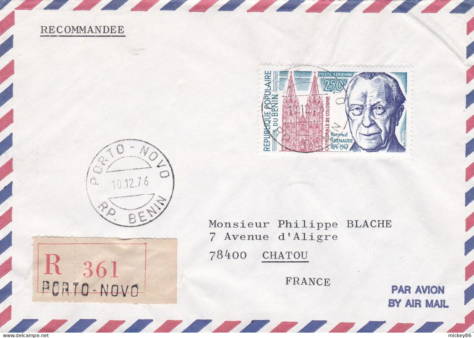BENIN--1976--Lettre Recommandée De PORTO-NOVO Pour CHATOU-78 (France),tp Konrad ADENAUER  Seul Sur Lettre - Benin - Dahomey (1960-...)