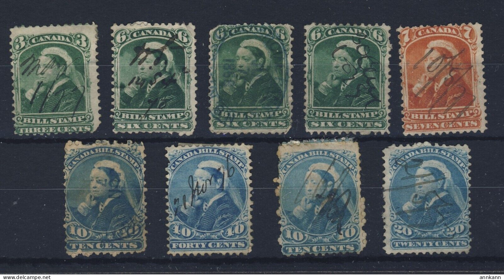 Canada 9x USED Revenue Bill Stamps Series 3; #FB40 3x43-44-2x47-48-50 - Steuermarken