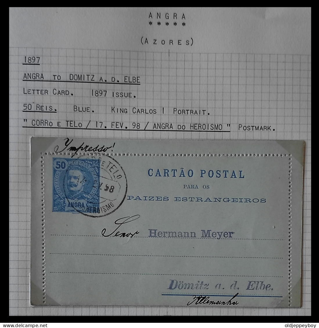 1898 PORTUGAL AZORES AÇORES ANGRA TO DOMITZ GERMANY KING CARLOS I 50 Rs BLUE  BILHETE POSTAL LETTER CARD - Angra