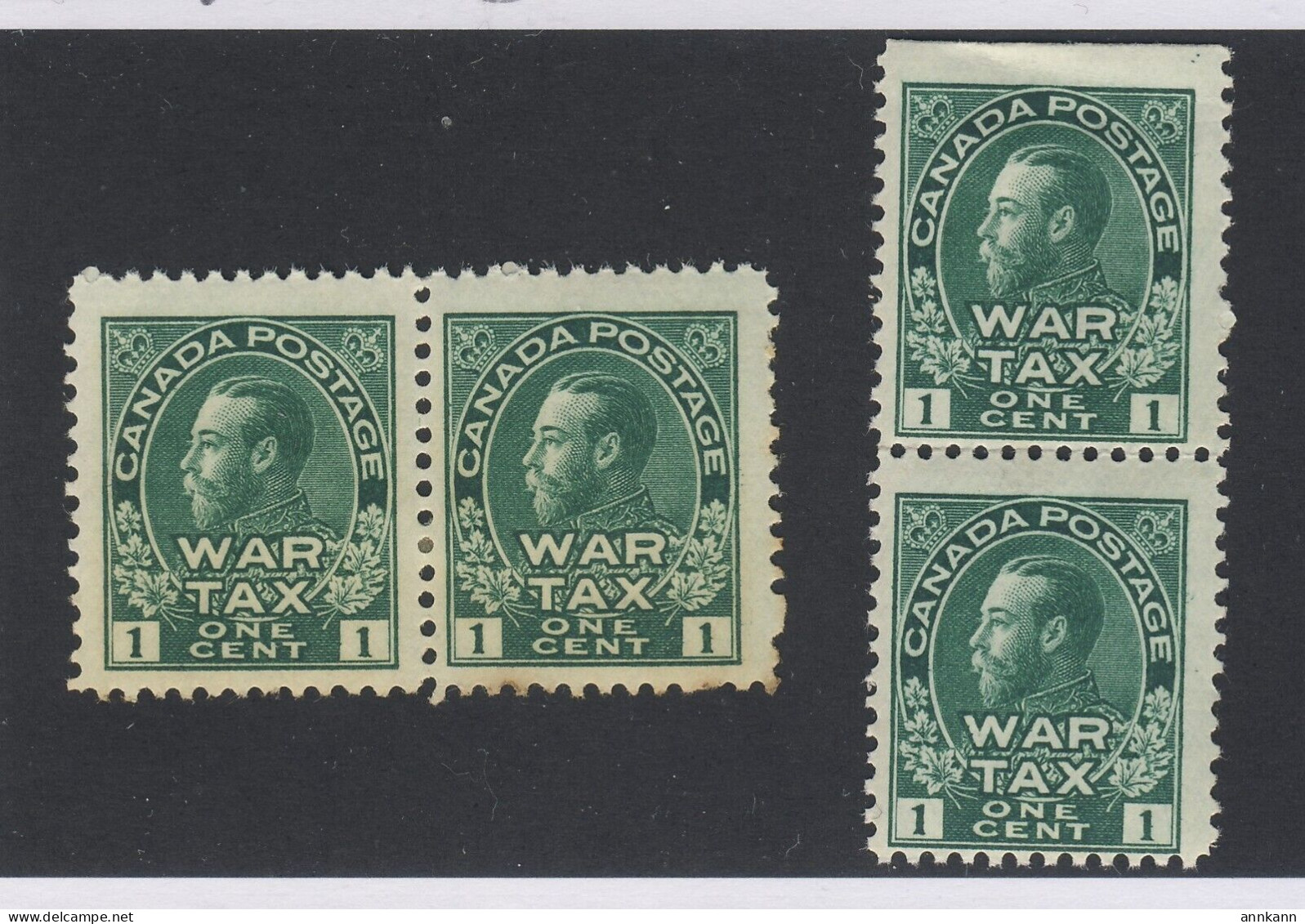 4x Canada Mint War Tax Stamps 2x Pairs #MR1-1c 3x MH 1x MNH Guide Value = $70.00 - Nuovi