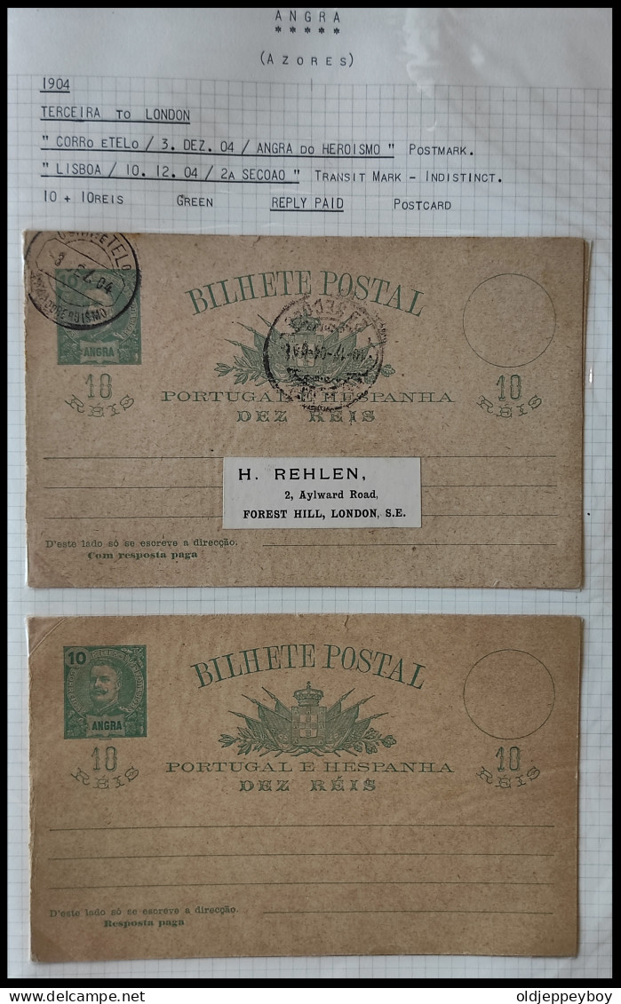 1904 PORTUGAL AZORES AÇORES ANGRA TO LONDON UK  KING CARLOS I 10 + 10 Rs REPLY PAID POSTAL STATIONERY  - Angra