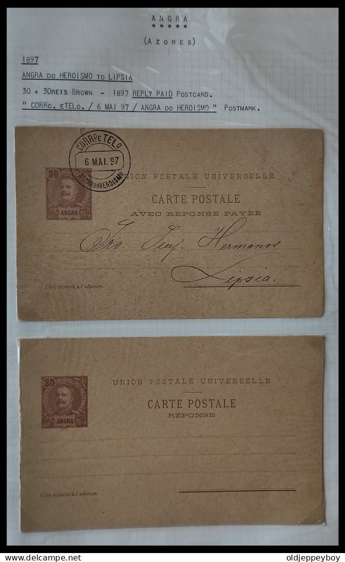 1897 PORTUGAL AZORES AÇORES ANGRA TO LIPSIA (LEIPZIG) GERMANY KING CARLOS I 30 + 30 Rs REPLY PAID POSTAL STATIONERY - Angra