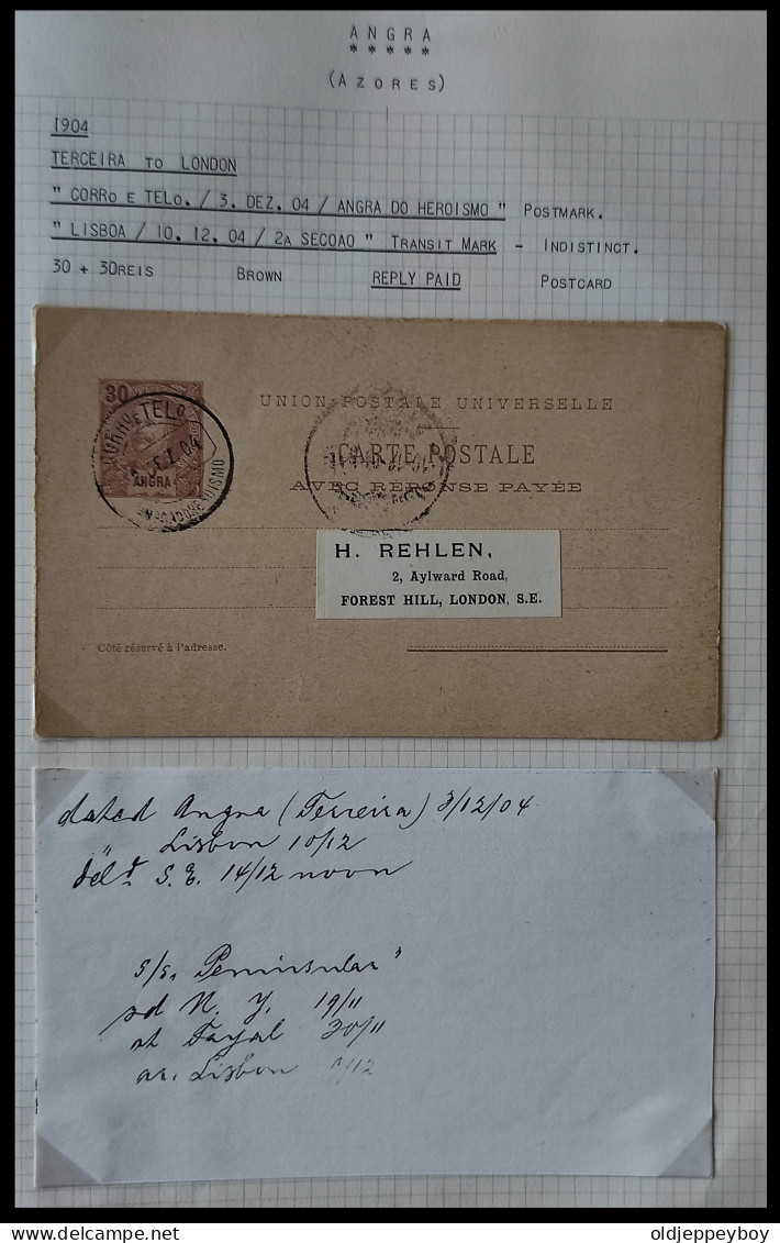 1904 PORTUGAL AZORES AÇORES ANGRA TO LONDON UK KING CARLOS I 30 + 30 Rs REPLY PAID POSTAL STATIONERY - Angra