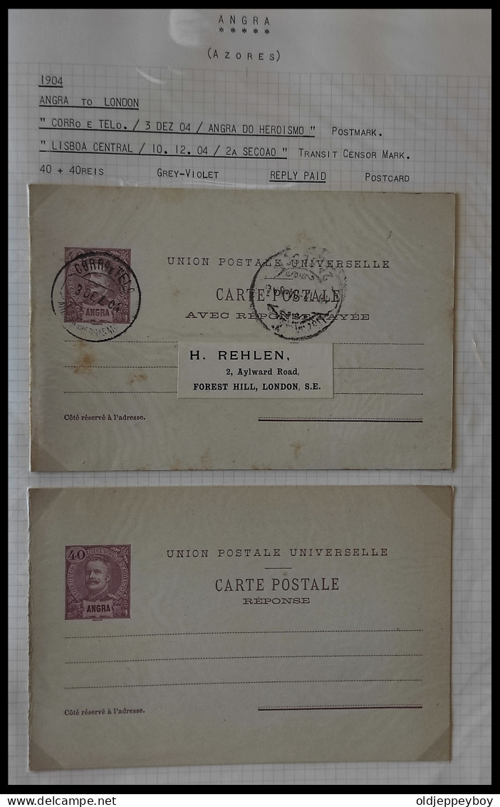 1904 PORTUGAL AZORES AÇORES ANGRA TO LONDON UK KING CARLOS I 40 + 40 Rs GREY LILAC REPLY PAID POSTAL STATIONERY - Angra