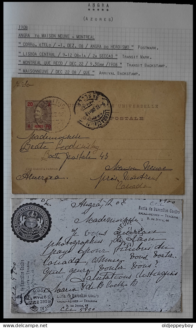 1908 PORTUGAL AZORES AÇORES ANGRA TO MAISON NEUVE MONTREAL CANADA KING CARLOS I  20 Rs  POSTAL STATIONERY SEE DETAILS XX - Angra