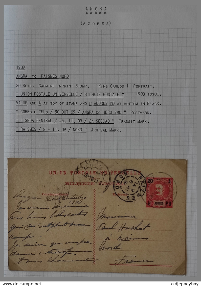 1909 PORTUGAL AZORES AÇORES ANGRA TO RAISMES NORD FRANCE  KING CARLOS I  20 Rs  POSTAL STATIONERY SEE DETAILS XX - Angra