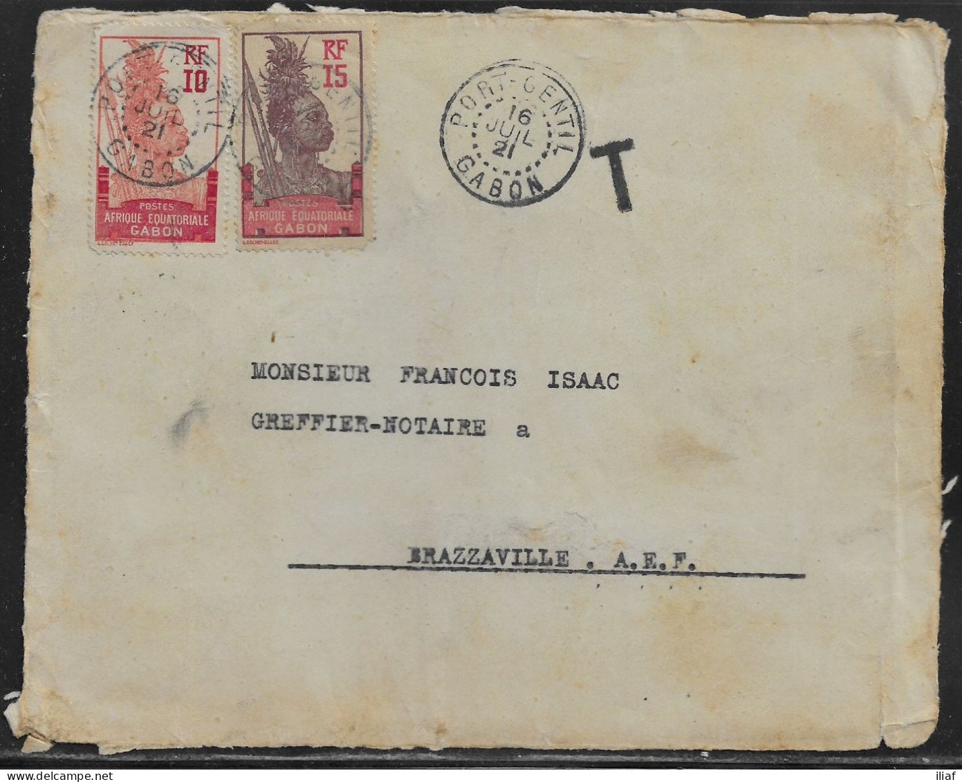 Gabon.   Fragment Of Commercial Letter With The Stamps Sc. 54, 56 And Tax “T” Mark, Sent On 16.07.21 From Port-Gentil - Brieven En Documenten