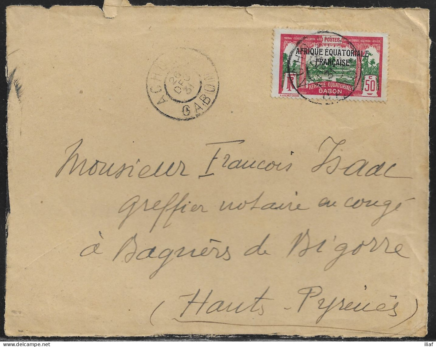 Gabon.   Fragment Of Commercial Letter With The Stamp Sc. 102, Sent On 22.12.31 From Achouka Gabon To France - Storia Postale