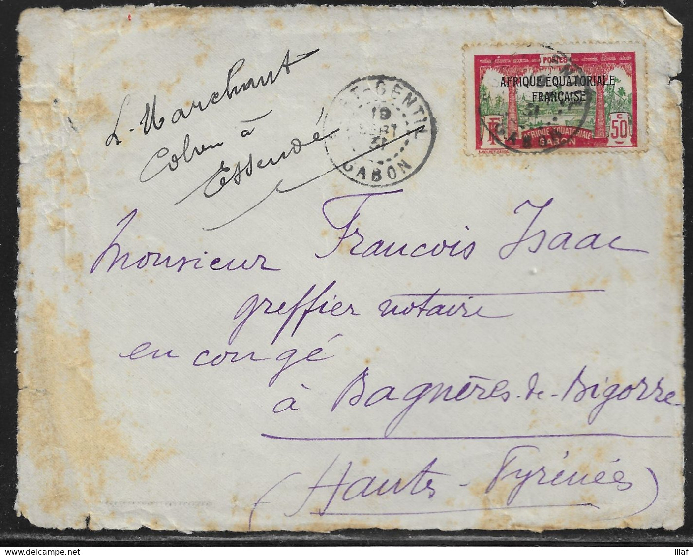 Gabon.   Fragment Of Commercial Letter With The Stamp Sc. 102, Sent On 19.09.31 From Port-Gentil Gabon To France - Brieven En Documenten