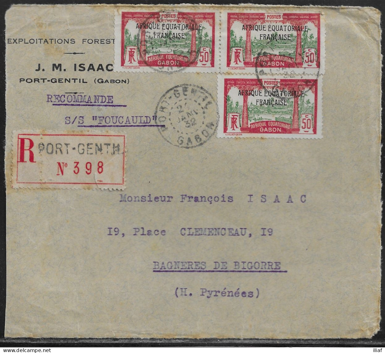 Gabon. Fragment Of Commercial Registered Letter With The Stamps Sc.102, Sent On 2.01.32 From Port-Gentil Gabon To France - Lettres & Documents