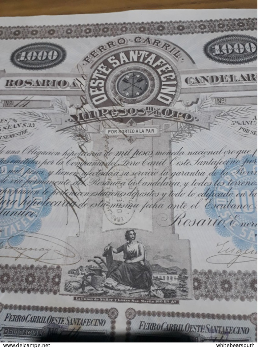 SHARE 1885 ARGENTINA SANTA FE FERROCARRIL OESTE SANTAFECITO ROSARIO - CANDELARIA TRAIN RAILWAYS 1000 PESOS RARE SHARE - Railway & Tramway