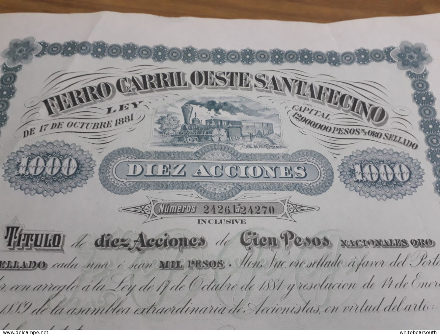 SHARE 1889 ARGENTINA SANTA FE FERROCARRIL OESTE SANTAFECITO TRAIN RAILWAYS 1000 PESOS RARE SHARE - Ferrovie & Tranvie