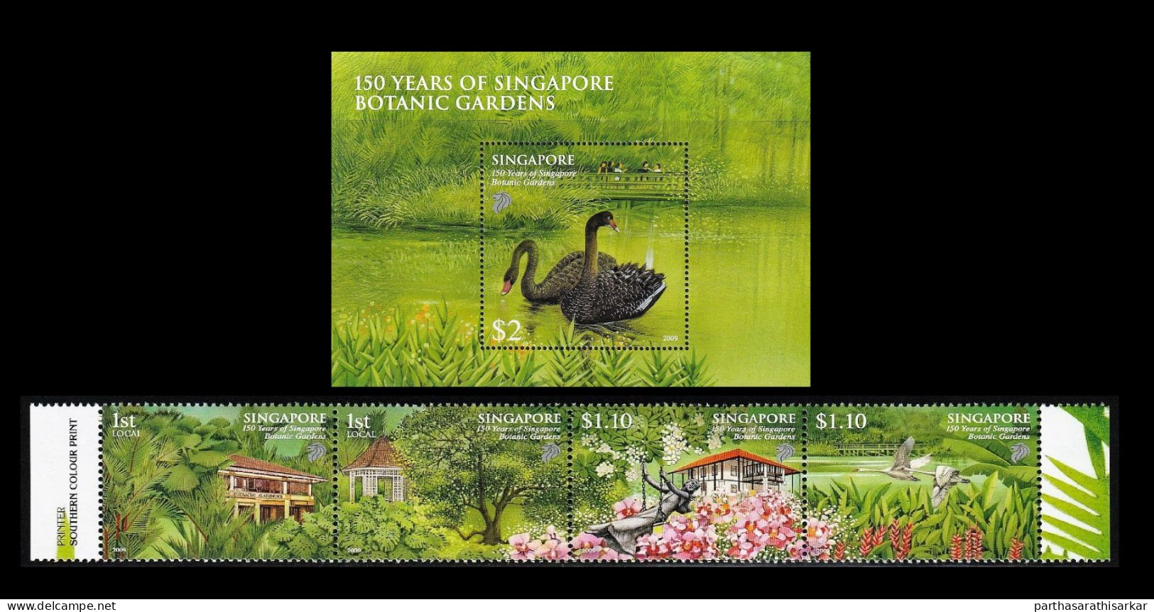 SINGAPORE 2009 150TH ANNIVERSARY OF THE BOTANIC GARDENS BIRDS FLOWERS COMPLETE SET WITH MINIATURE SHEET MS MNH - Singapore (1959-...)