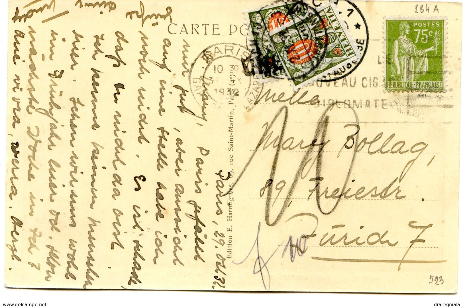 Carte Postale Paris Taxée - Cachet Et Timbre N°43 Superposés - Zurich 2 11 32 - Taxe
