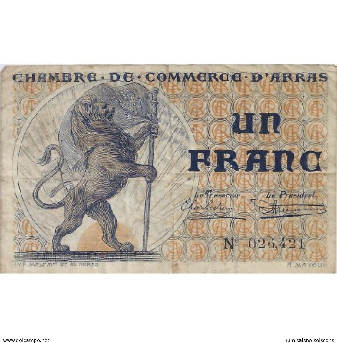 62 - ARRAS - CHAMBRE DE COMMERCE - 1 FRANC 1923 - TRES BEAU - Bons & Nécessité