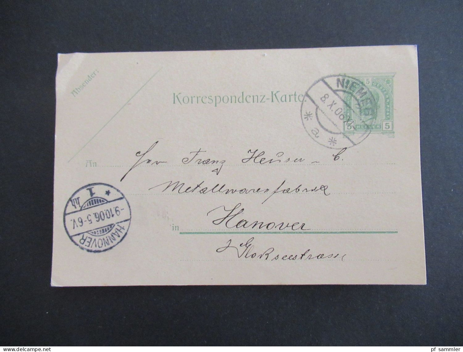 1906 Österreich Ganzsache 5 Heller Stp. Niemes / Mimoň Tschechien Nach Hannover Mit Ank. Gitterstempel Hannover *1hh - Cartoline