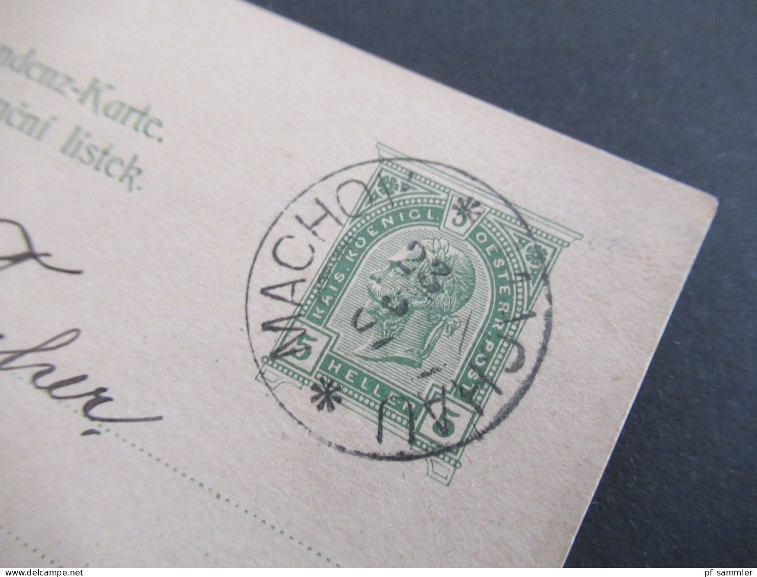 1907 Österreich / Tschechien GA K1 Machov * Machau Und Ank. KOS Kreisobersegmentstempel Lehmwasser Kr. Waldenburg Schles - Cartes Postales